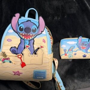 Loungefly Stitch Sandcastle Backpack and Wallet - Blue and Tan